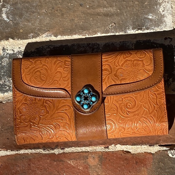 M.C. Floral Tooled Leather Wallet with Turquoise rhinestones & beads - Picture 9 of 16
